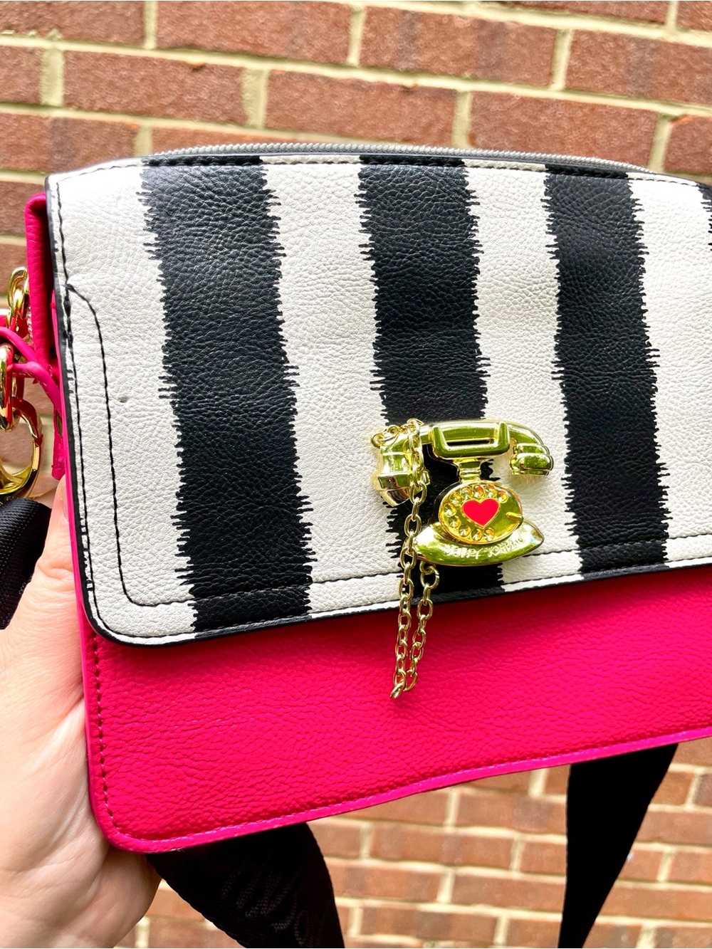 Betsey Johnson Pink Telephone B & W Stripe Bag Adjustable Strap Crossbody - Picture 2 of 16